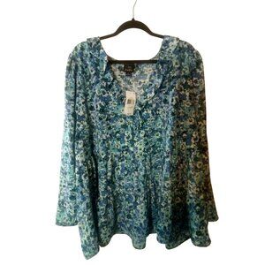 Oak‎ Trellis Womens 3X Blue Floral Long Sleeve V-Neck Tunic Top  New